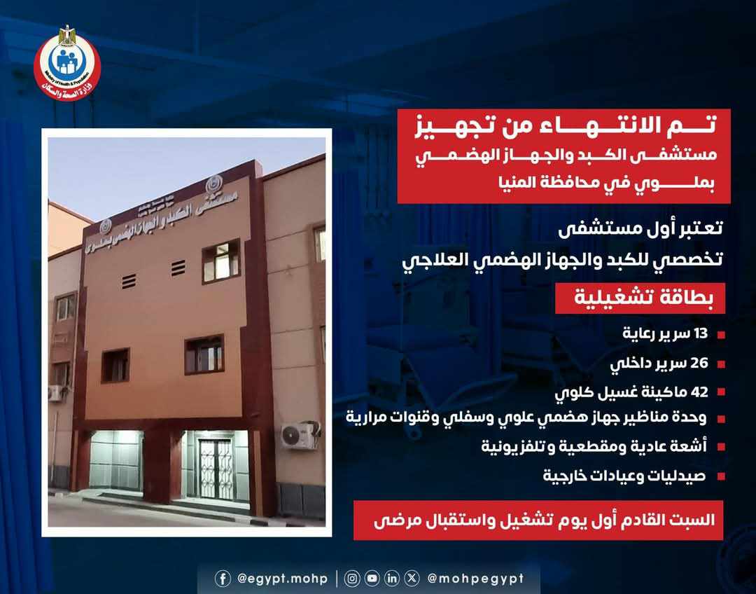السبت المقبل.. افتتاح مستشفى الكبد والجهاز الهضمي بملوي في المنيا