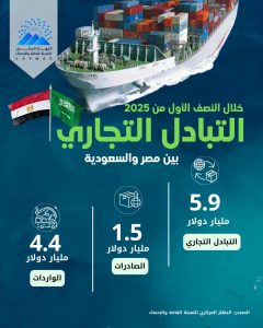 الإحصاء يكشف حجم التبادل التجاري بين مصر والسعودية خلال النصف الأول من 2025