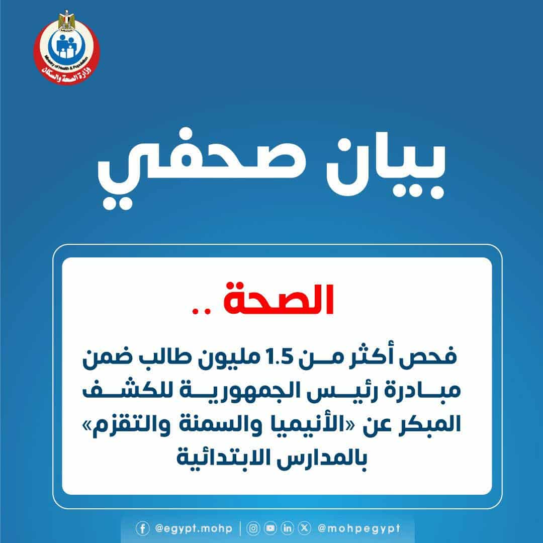 الصحة تعلن فحص أكثر من 1.5 مليون طالب ضمن مبادرة الكشف المبكر عن «الأنيميا والسمنة والتقزم»