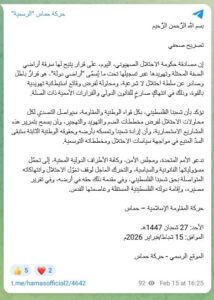 حماس: الاحتلال يفرض تهويداً استيطانياً بالقوة في الضفة الغربية