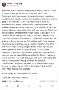 ترامب: خامنئي مات والفرصة الكبرى للشعب الإيراني لاستعادة بلاده