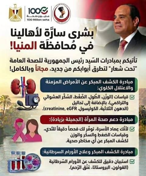 صحة المنيا: اليوم انطلاق فعاليات المبادرات الرئاسية مجانًا.. وتقديم الخدمة لـ15 ألف مواطن خلال الشهر الماضى