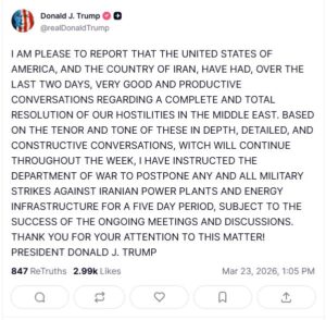 ترامب يعلن وقفًا مؤقتًا للضربات على منشآت الطاقة الإيرانية