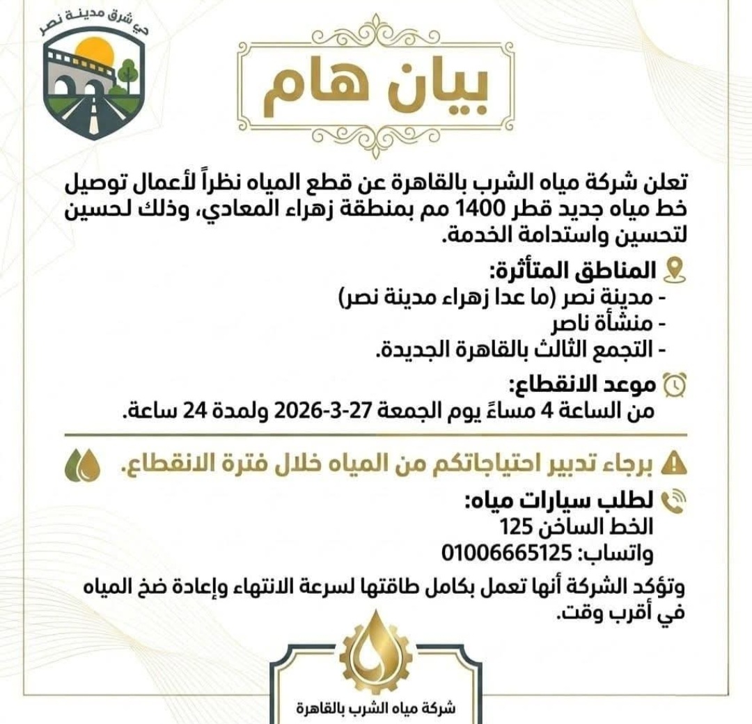 ​عاجل.. “مياه القاهرة” تعلن خريطة المناطق المتأثرة بقطع الخدمة نهاية الأسبوع