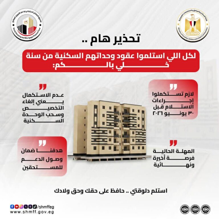 تحذير رسمي لمستفيدي الإسكان الاجتماعي: مهلة أخيرة لاستكمال إجراءات التخصيص قبل هذا الموعد