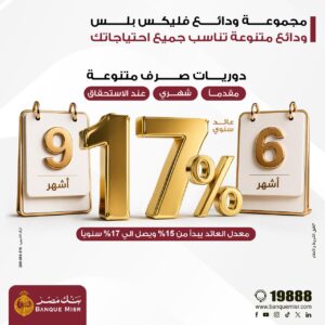 بنك مصر يطلق مجموعة ودائع “فليكس بلس” بعوائد تنافسية تصل الي 17% سنويا