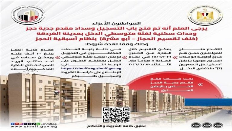«سكن لكل المصريين 7» يفتح باب حجز وحدات متوسطي الدخل بالغردقة