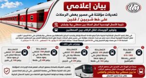 تعديلات مؤقتة في مسير بعض الرحلات علي خط شربين/ قلين نتيجة الأعمال الهندسية أسفل السكة بين محطتي بيلا وابشان